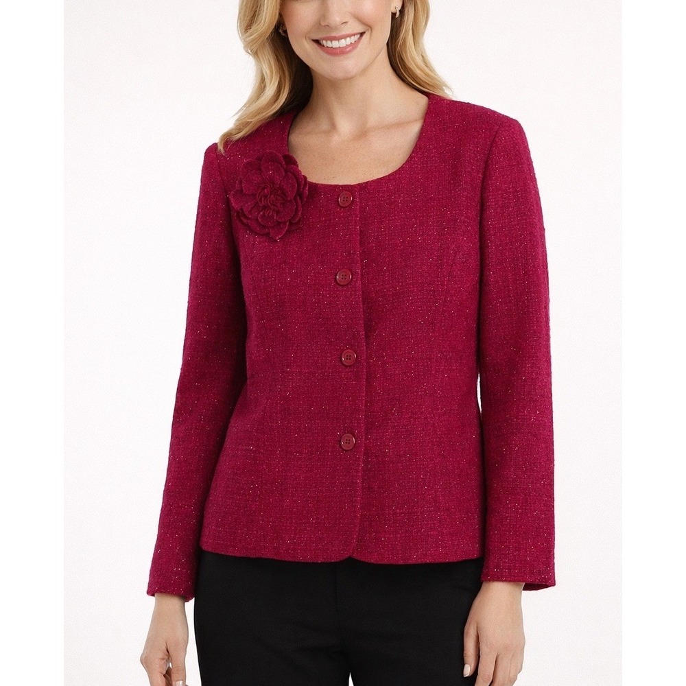 Dressbarn Tweed Blazer Jacket Womens Small Magenta Pink Floral Applique‎ Shimmer